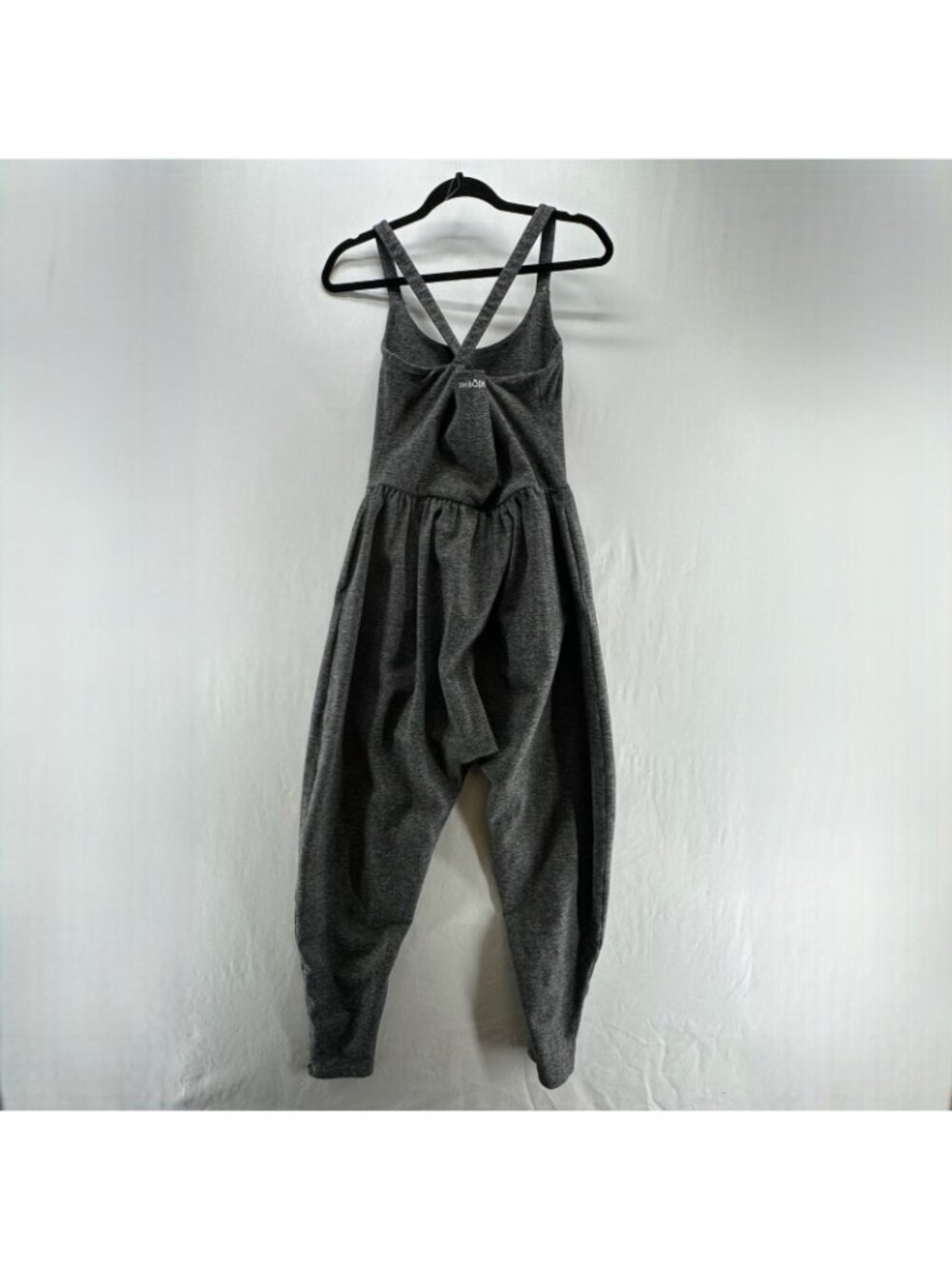 IMBŌDHI Bodhi Harem Jumpsuit Women L Herringbone Pocket Cross Strap Stretch Gray - Picture 2 of 9